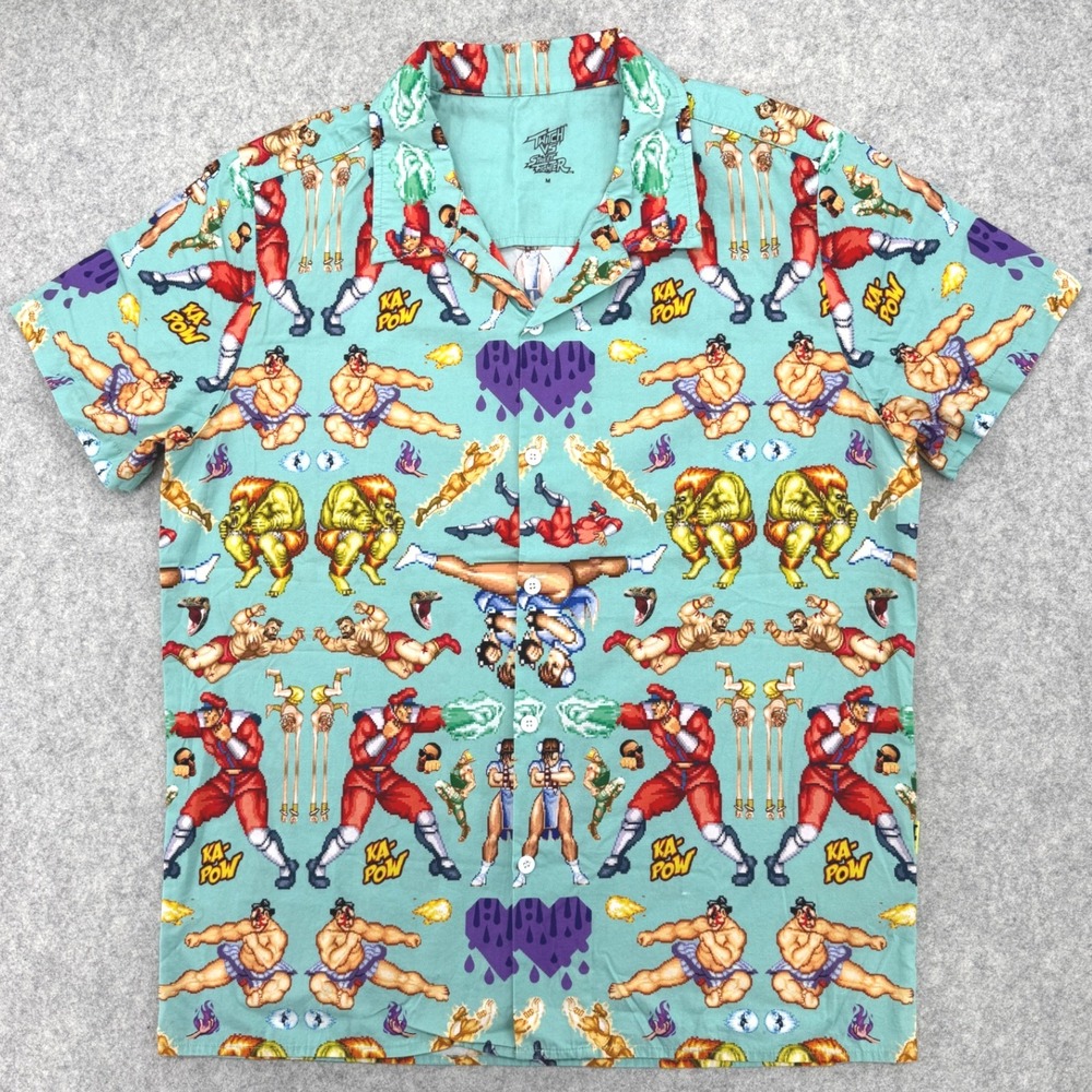 Twitch Street Fighter Shirt Men M Teal Pixel Art Button Down Gamer Retro Limited
